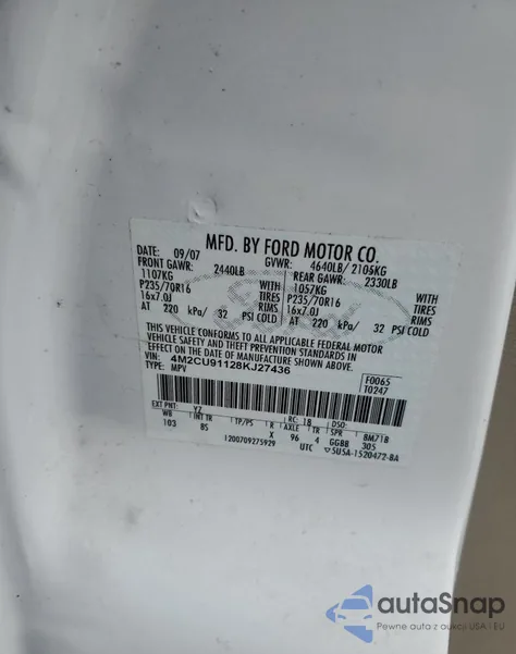 2008 Mercury Mariner из США, поврежденный, VIN 4M2CU91128KJ27436